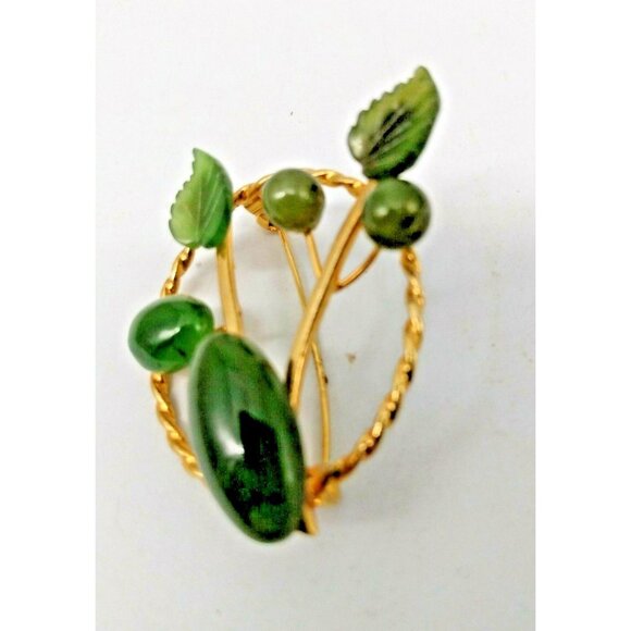 Vintage Green Jade Floral Spray Gold Tone Brooch 1.5" X 2" - Picture 5 of 10